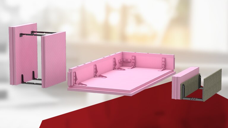 Rosa Dämmelemente mit Montagehalterungen für Schalungsbau.